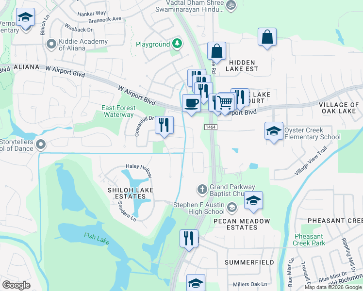 map of restaurants, bars, coffee shops, grocery stores, and more near 16818 Calcots Drive in Richmond