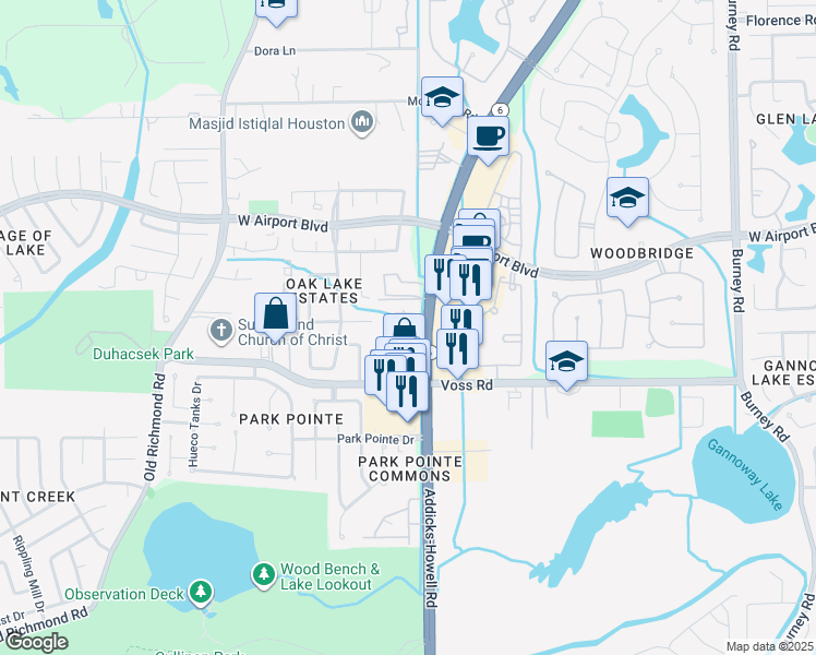 map of restaurants, bars, coffee shops, grocery stores, and more near 15270 Voss Road in Sugar Land