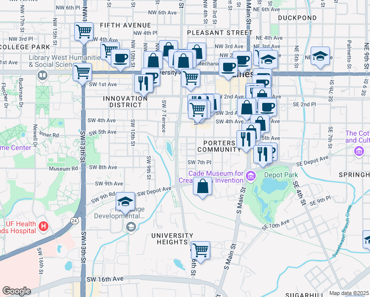 map of restaurants, bars, coffee shops, grocery stores, and more near 612 Southwest 5th Terrace in Gainesville
