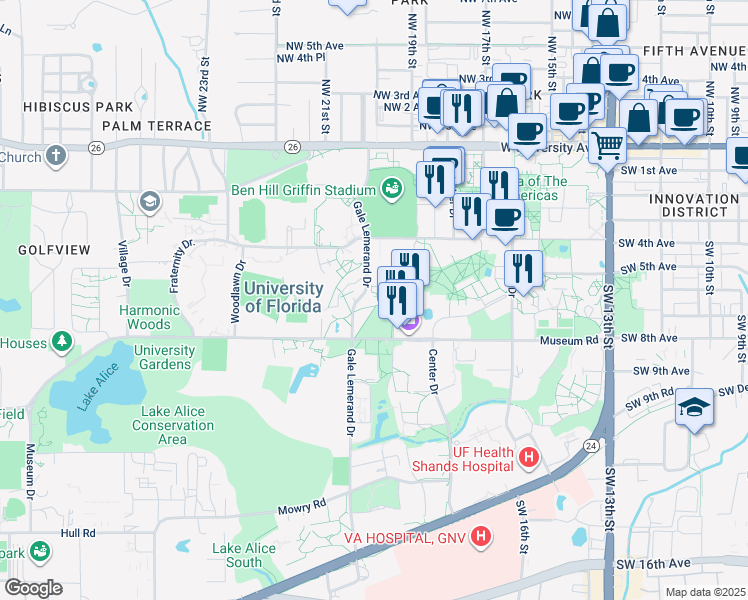 map of restaurants, bars, coffee shops, grocery stores, and more near in Gainesville