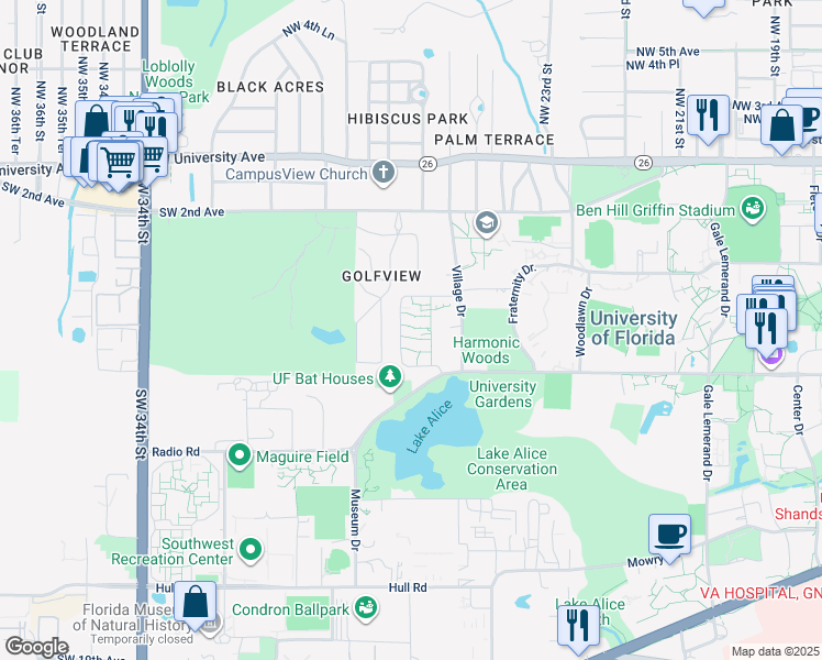 map of restaurants, bars, coffee shops, grocery stores, and more near 278 Corry Village in Gainesville