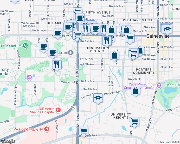 map of restaurants, bars, coffee shops, grocery stores, and more near 618 Southwest 12th Street in Gainesville