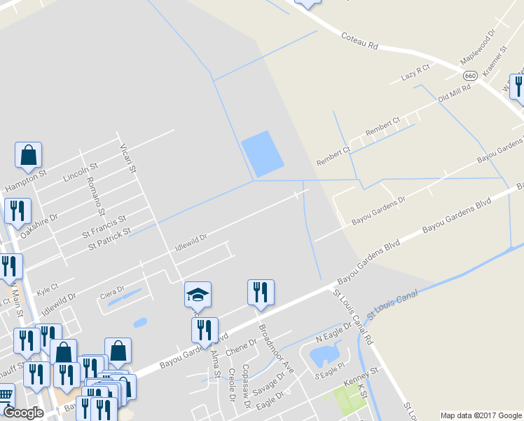 map of restaurants, bars, coffee shops, grocery stores, and more near 502 Idlewild Drive in Houma