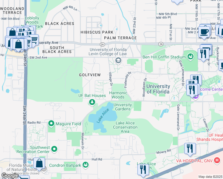 map of restaurants, bars, coffee shops, grocery stores, and more near 450 Village Drive in Gainesville