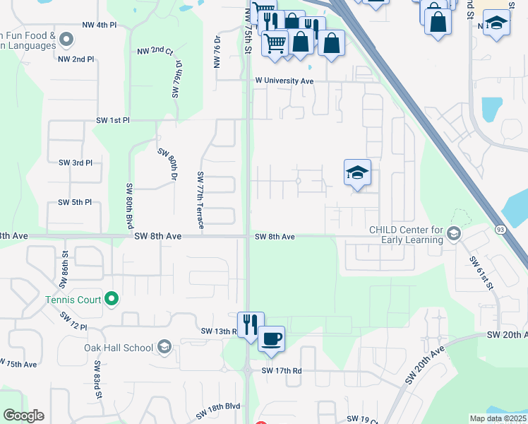 map of restaurants, bars, coffee shops, grocery stores, and more near 613 Southwest 75th Street in Gainesville