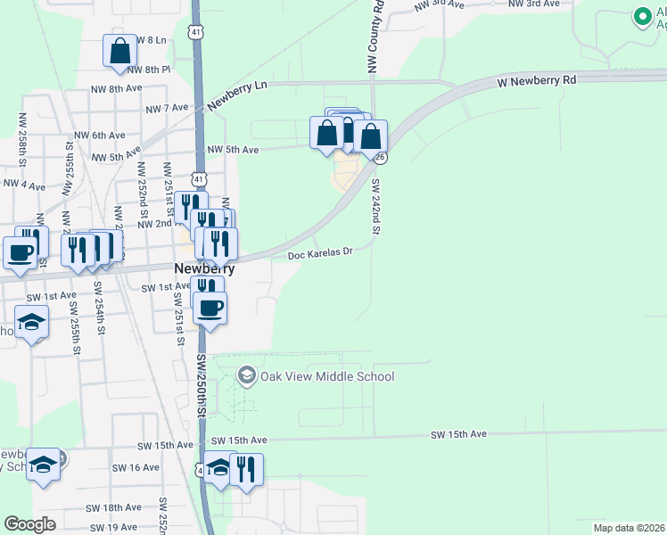 map of restaurants, bars, coffee shops, grocery stores, and more near 24333 Doc Karelas Drive in Newberry
