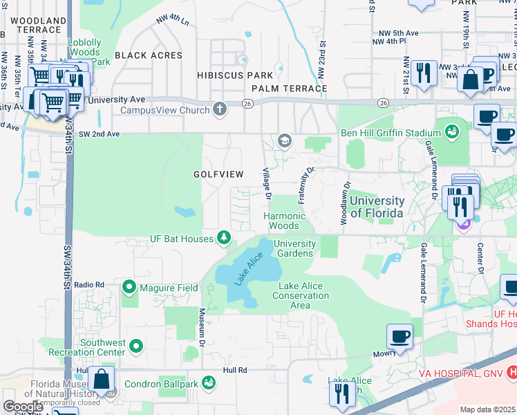 map of restaurants, bars, coffee shops, grocery stores, and more near 201-299 Corry Village in Gainesville