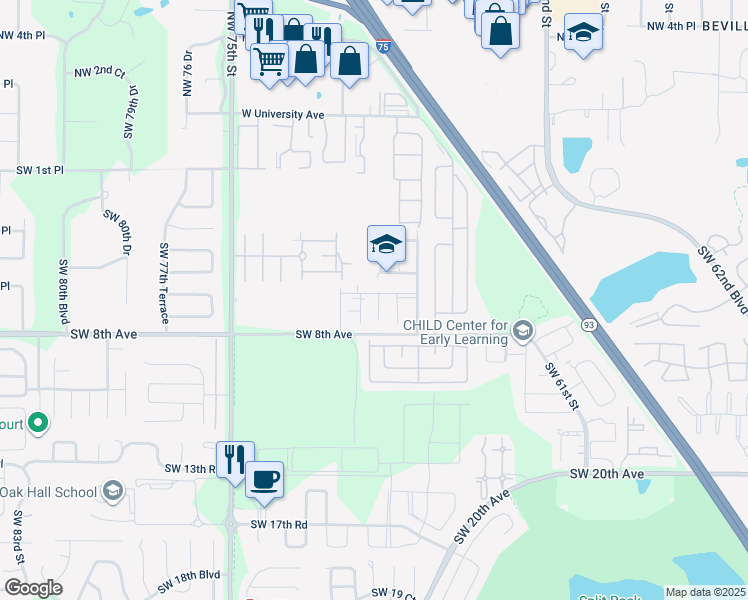map of restaurants, bars, coffee shops, grocery stores, and more near 703 Southwest 69th Street in Gainesville