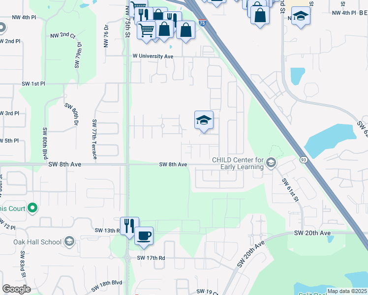 map of restaurants, bars, coffee shops, grocery stores, and more near 631 Southwest 70th Terrace in Gainesville