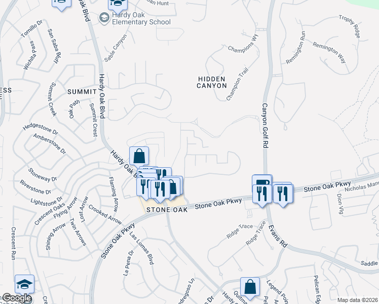 map of restaurants, bars, coffee shops, grocery stores, and more near 25423 Mesa Crest in San Antonio