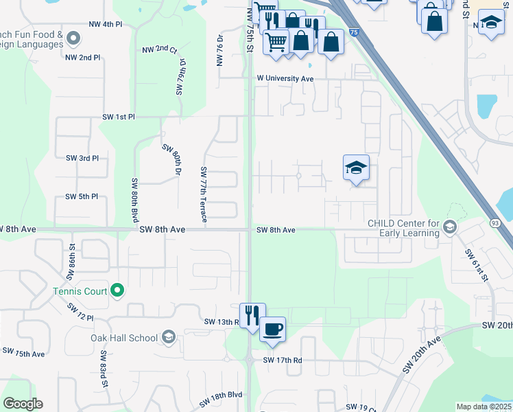 map of restaurants, bars, coffee shops, grocery stores, and more near 611 Southwest 75th Street in Gainesville