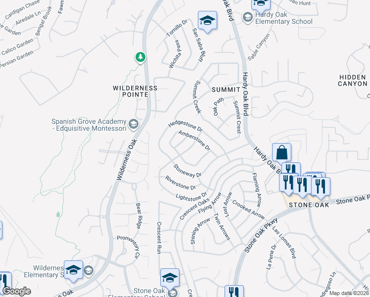 map of restaurants, bars, coffee shops, grocery stores, and more near 1400 Lightstone Drive in San Antonio