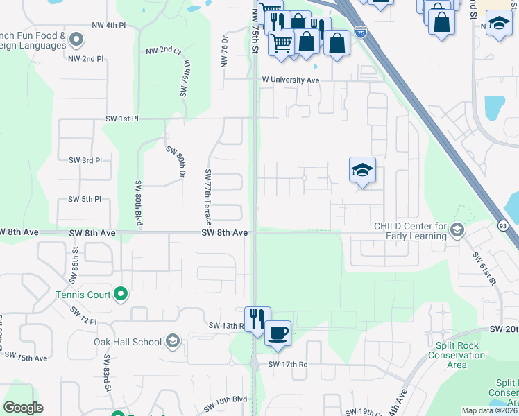 map of restaurants, bars, coffee shops, grocery stores, and more near 611 Southwest 75th Street in Gainesville