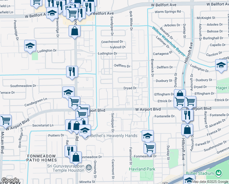 map of restaurants, bars, coffee shops, grocery stores, and more near 878 Sandpiper Drive in Houston