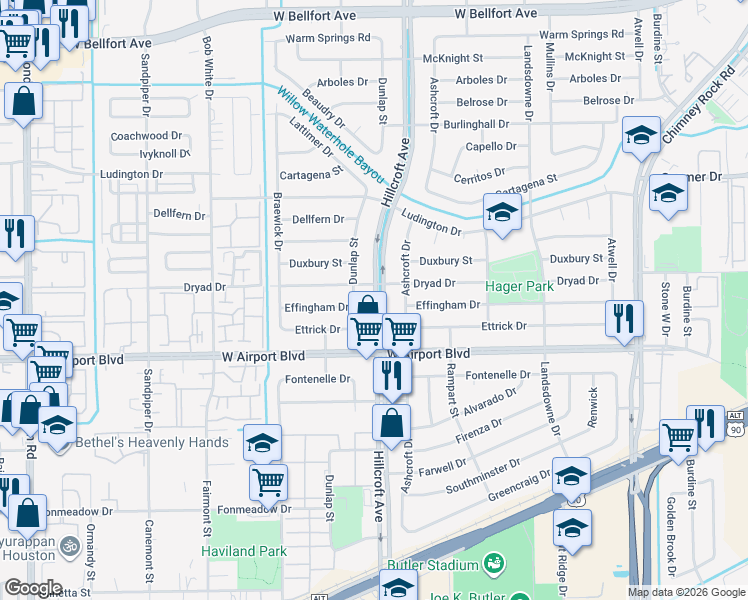 map of restaurants, bars, coffee shops, grocery stores, and more near in Houston