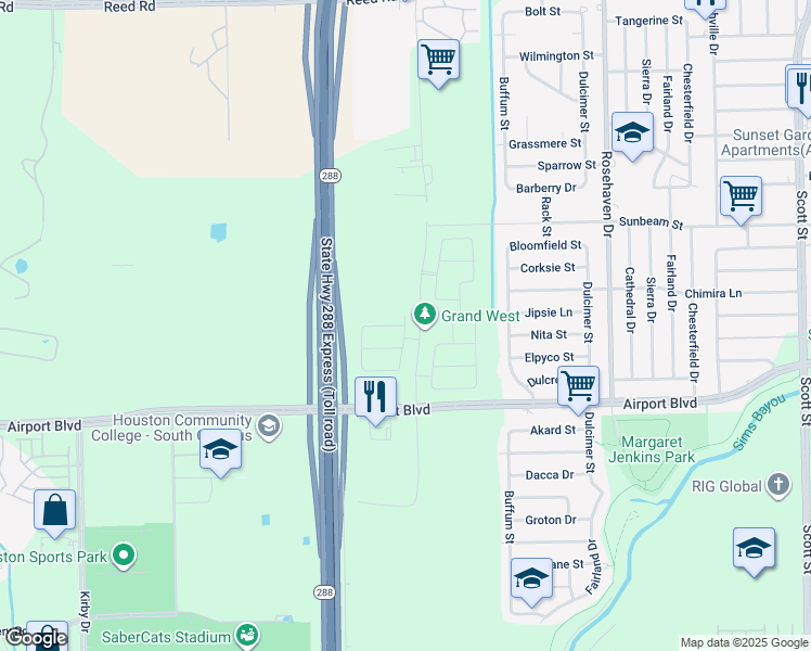 map of restaurants, bars, coffee shops, grocery stores, and more near 3046-3072 Airport Boulevard in Houston
