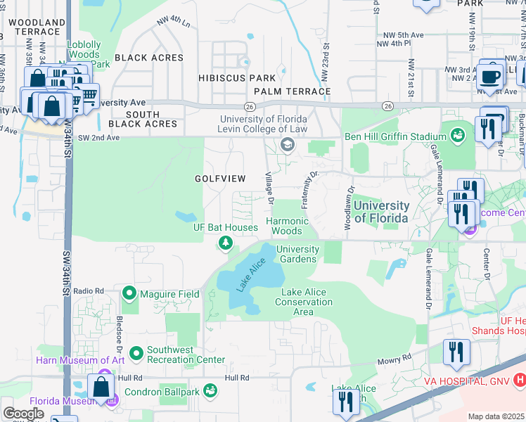 map of restaurants, bars, coffee shops, grocery stores, and more near 278 Corry Village in Gainesville