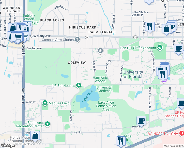 map of restaurants, bars, coffee shops, grocery stores, and more near 277 Corry Village in Gainesville