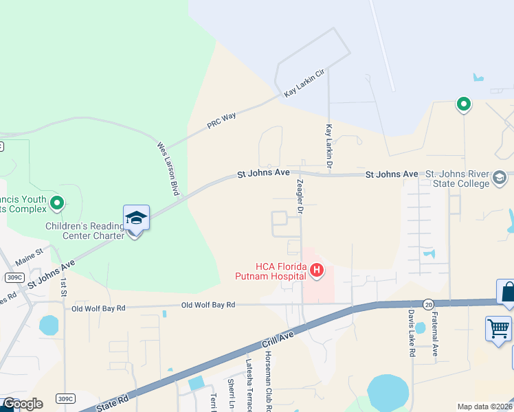 map of restaurants, bars, coffee shops, grocery stores, and more near 6805 Saint Johns Avenue in Palatka