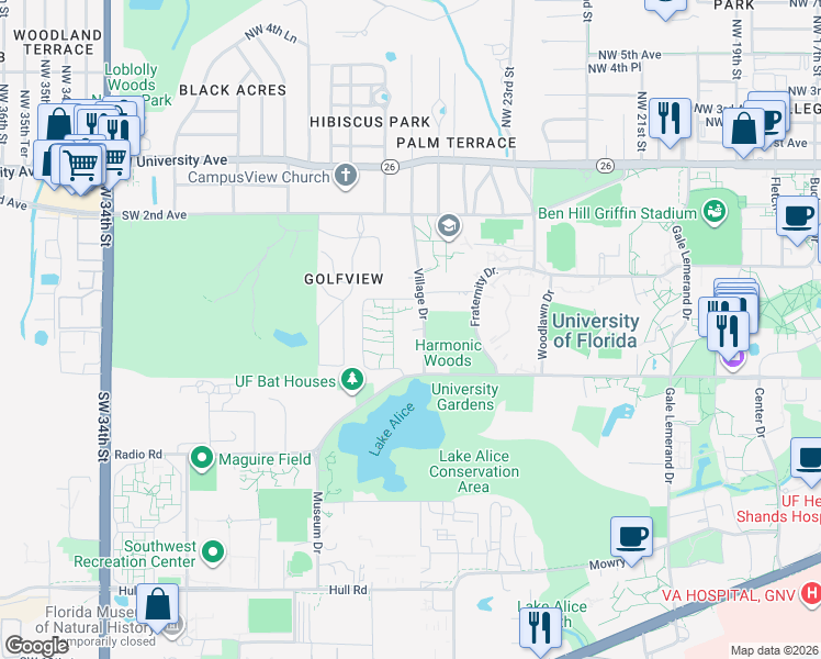 map of restaurants, bars, coffee shops, grocery stores, and more near 276 Corry Village in Gainesville