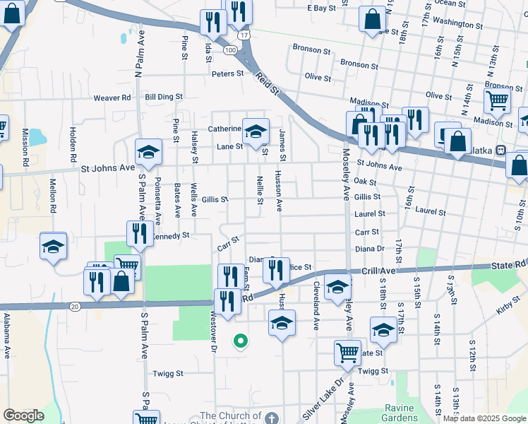 map of restaurants, bars, coffee shops, grocery stores, and more near 113 Florida Avenue in Palatka