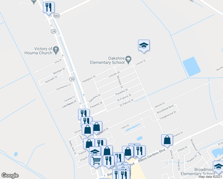 map of restaurants, bars, coffee shops, grocery stores, and more near 215 Oakshire Drive in Houma