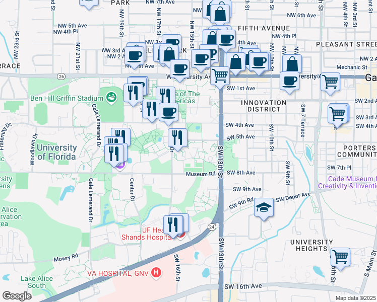 map of restaurants, bars, coffee shops, grocery stores, and more near in Gainesville