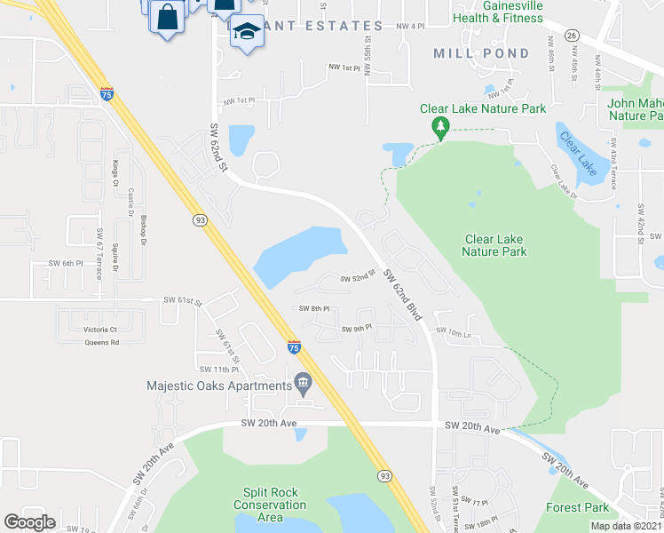 map of restaurants, bars, coffee shops, grocery stores, and more near 28 Southwest 52nd Street in Gainesville