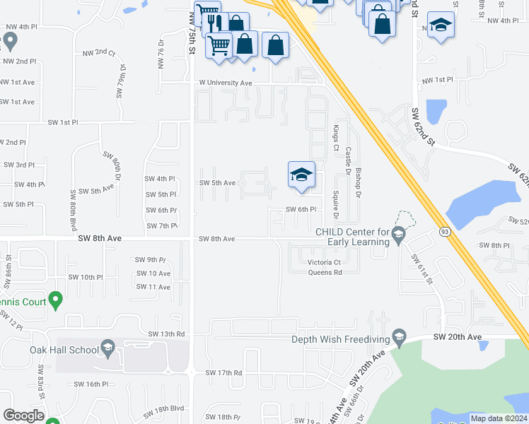 map of restaurants, bars, coffee shops, grocery stores, and more near 631 Southwest 70th Terrace in Gainesville