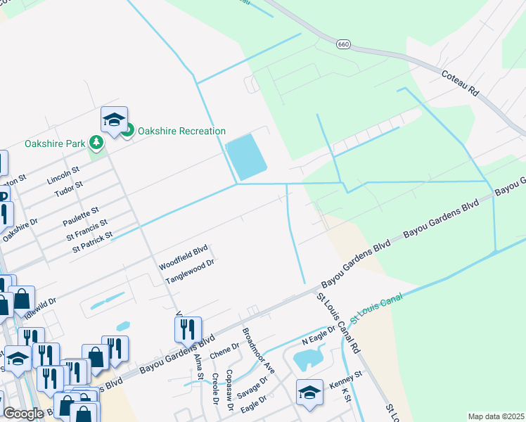 map of restaurants, bars, coffee shops, grocery stores, and more near 506 Idlewild Drive in Houma