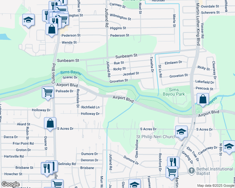 map of restaurants, bars, coffee shops, grocery stores, and more near 5153 Airport Boulevard in Houston