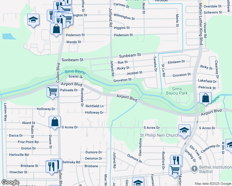 map of restaurants, bars, coffee shops, grocery stores, and more near 5153 Airport Boulevard in Houston
