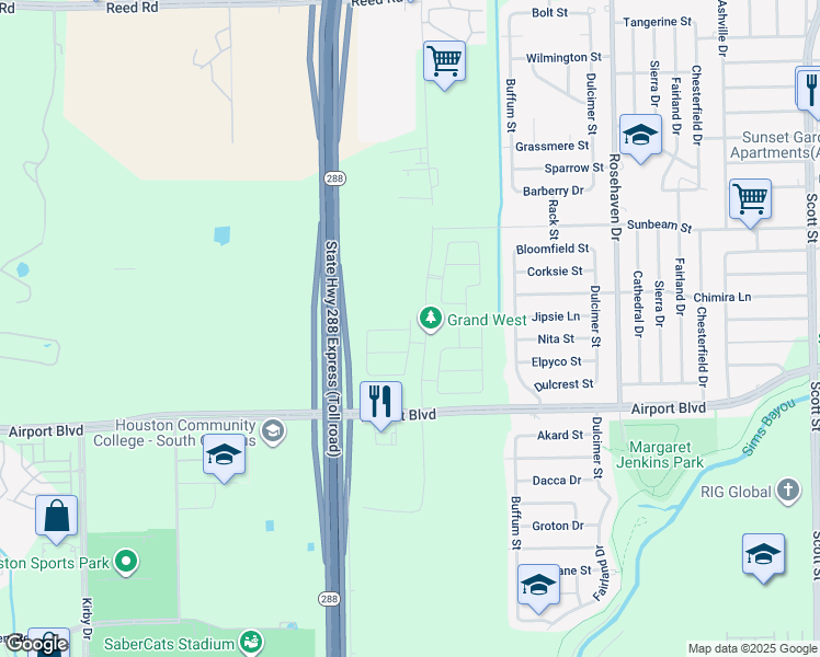 map of restaurants, bars, coffee shops, grocery stores, and more near 3046-3072 Airport Boulevard in Houston