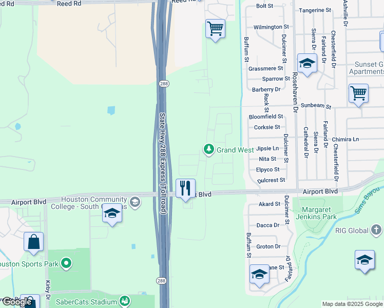 map of restaurants, bars, coffee shops, grocery stores, and more near Airport Boulevard in Houston