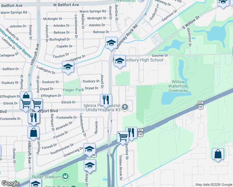 map of restaurants, bars, coffee shops, grocery stores, and more near 12128 Stone West Drive in Houston