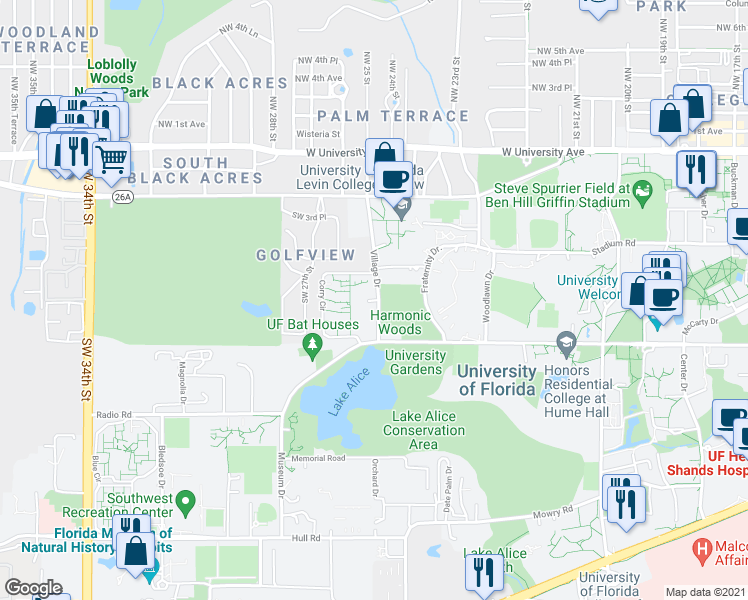 map of restaurants, bars, coffee shops, grocery stores, and more near Corry Village in Gainesville