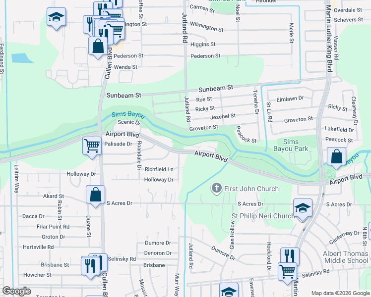 map of restaurants, bars, coffee shops, grocery stores, and more near 10501 Murr Way in Houston