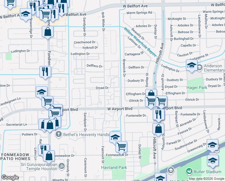 map of restaurants, bars, coffee shops, grocery stores, and more near 6155 Dryad Drive in Houston