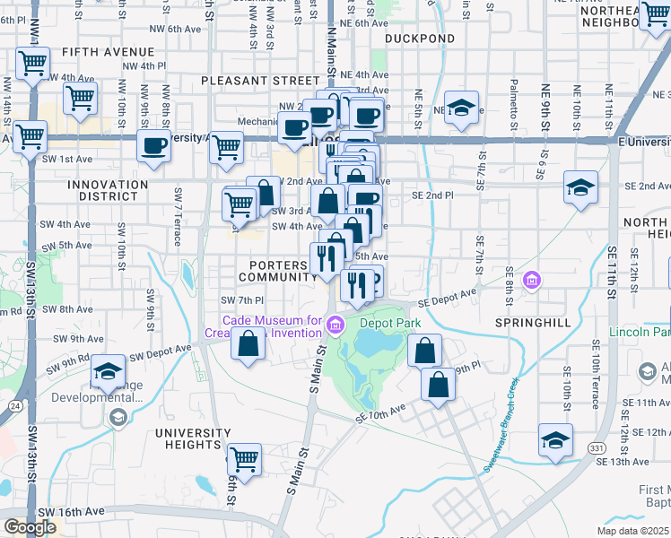 map of restaurants, bars, coffee shops, grocery stores, and more near 525 South Main Street in Gainesville
