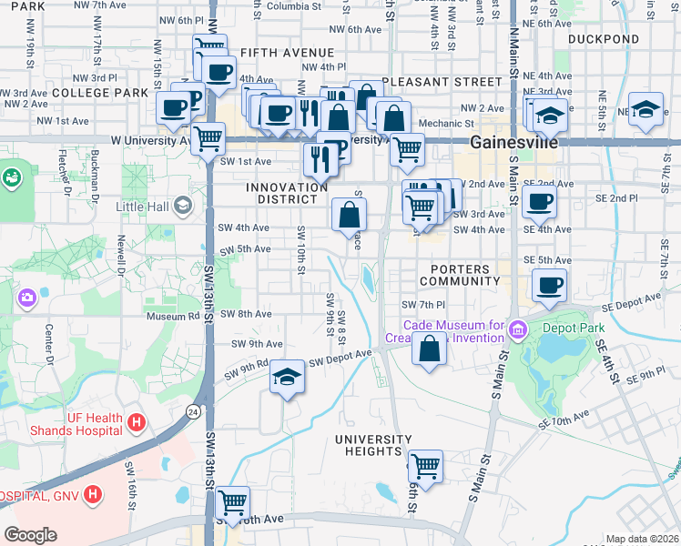 map of restaurants, bars, coffee shops, grocery stores, and more near 801 Southwest 5th Avenue in Gainesville