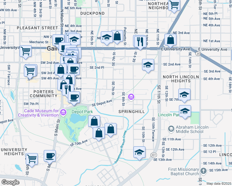 map of restaurants, bars, coffee shops, grocery stores, and more near 726 Southeast 7th Avenue in Gainesville