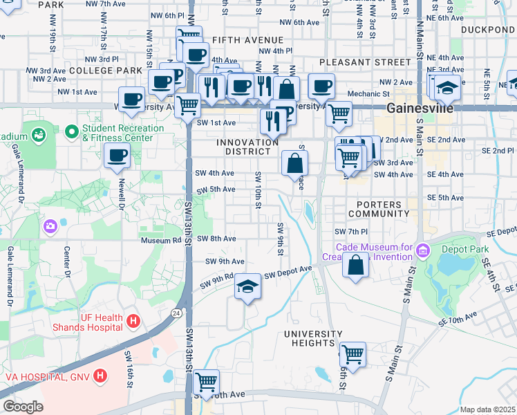 map of restaurants, bars, coffee shops, grocery stores, and more near 620 Southwest 10th Street in Gainesville