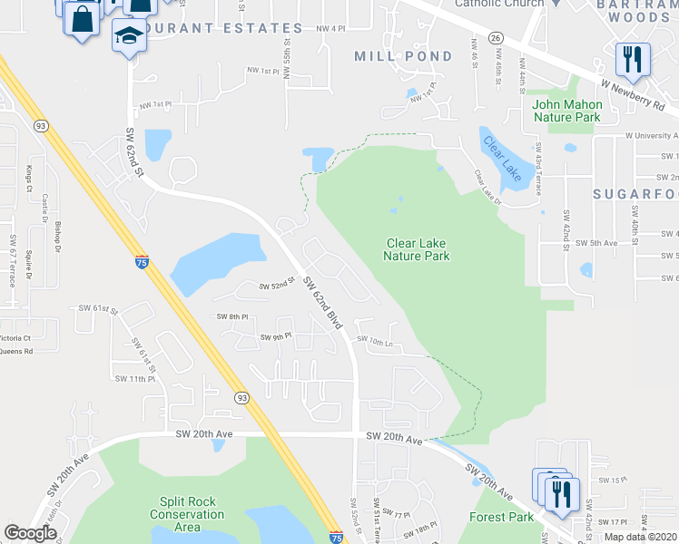 map of restaurants, bars, coffee shops, grocery stores, and more near 701 Southwest 62nd Boulevard in Gainesville