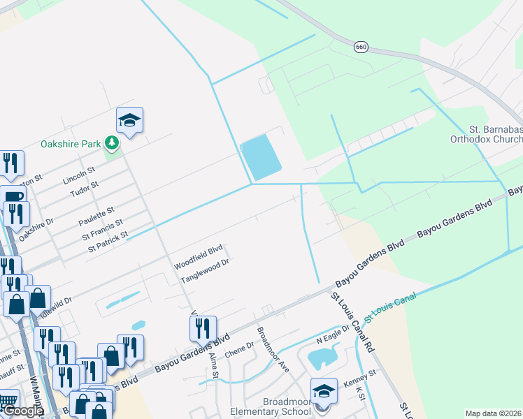 map of restaurants, bars, coffee shops, grocery stores, and more near 442 Idlewild Drive in Houma