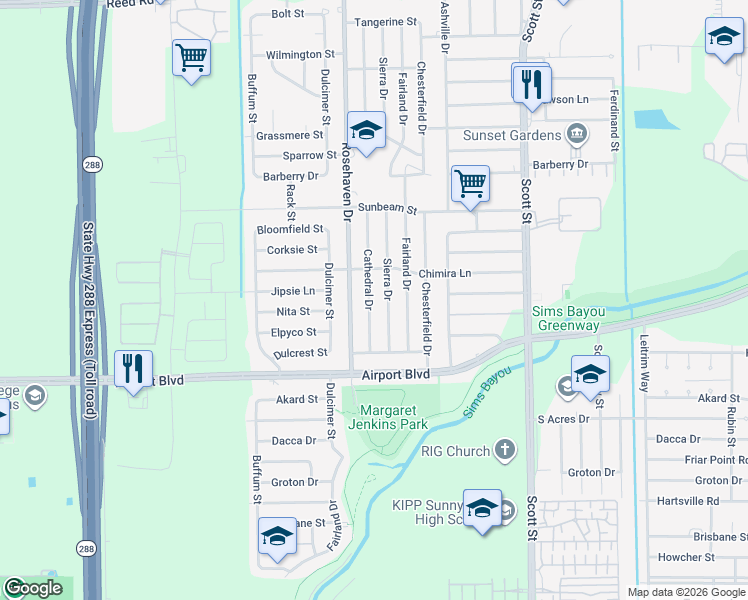 map of restaurants, bars, coffee shops, grocery stores, and more near 10418 Sierra Drive in Houston