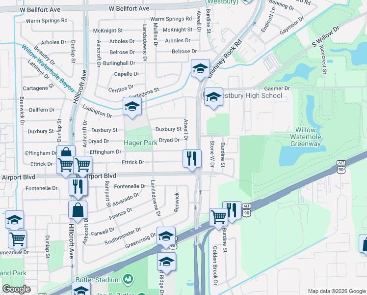 map of restaurants, bars, coffee shops, grocery stores, and more near 5511 Effingham Drive in Houston
