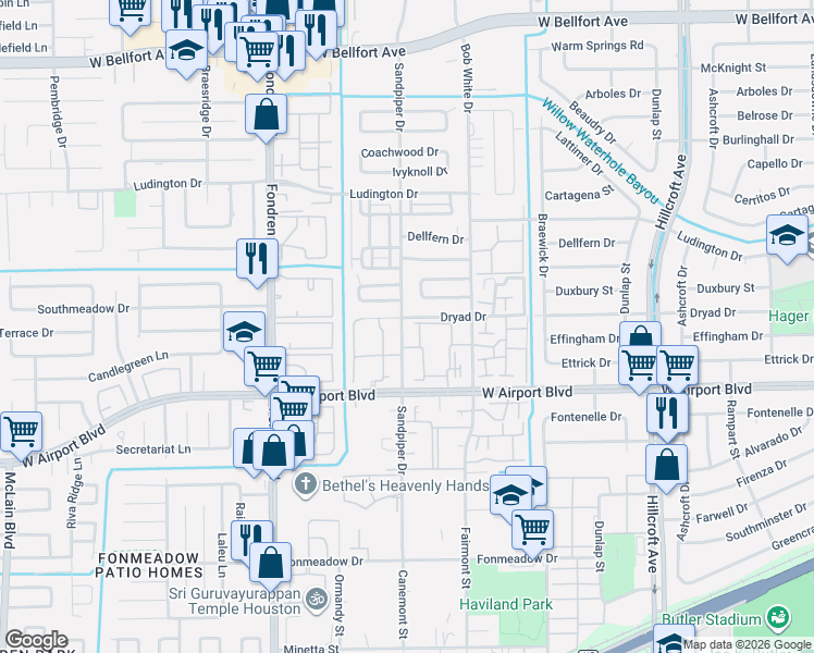 map of restaurants, bars, coffee shops, grocery stores, and more near 878 Sandpiper Drive in Houston