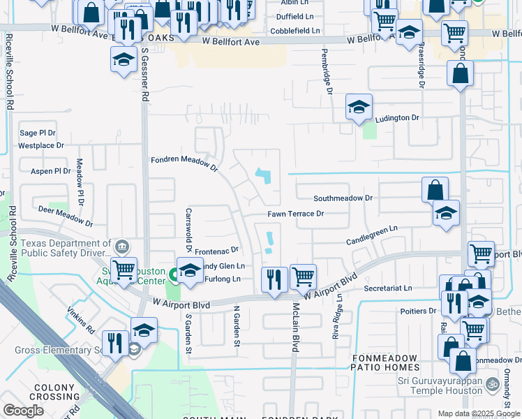 map of restaurants, bars, coffee shops, grocery stores, and more near 8114 Ashley Circle Drive North in Houston