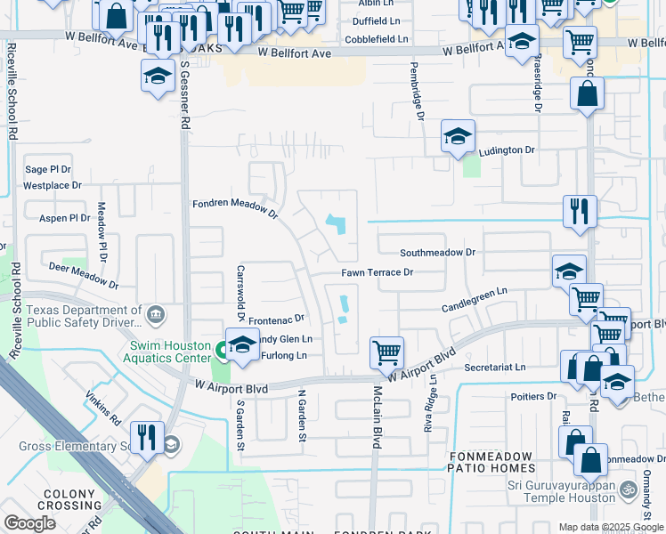 map of restaurants, bars, coffee shops, grocery stores, and more near 8114 Ashley Circle Drive North in Houston