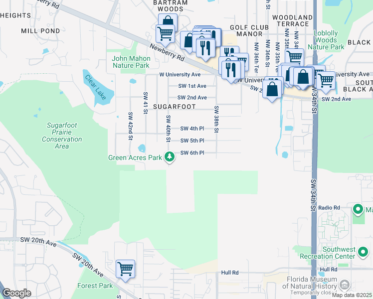 map of restaurants, bars, coffee shops, grocery stores, and more near 3907 Southwest 6th Place in Gainesville
